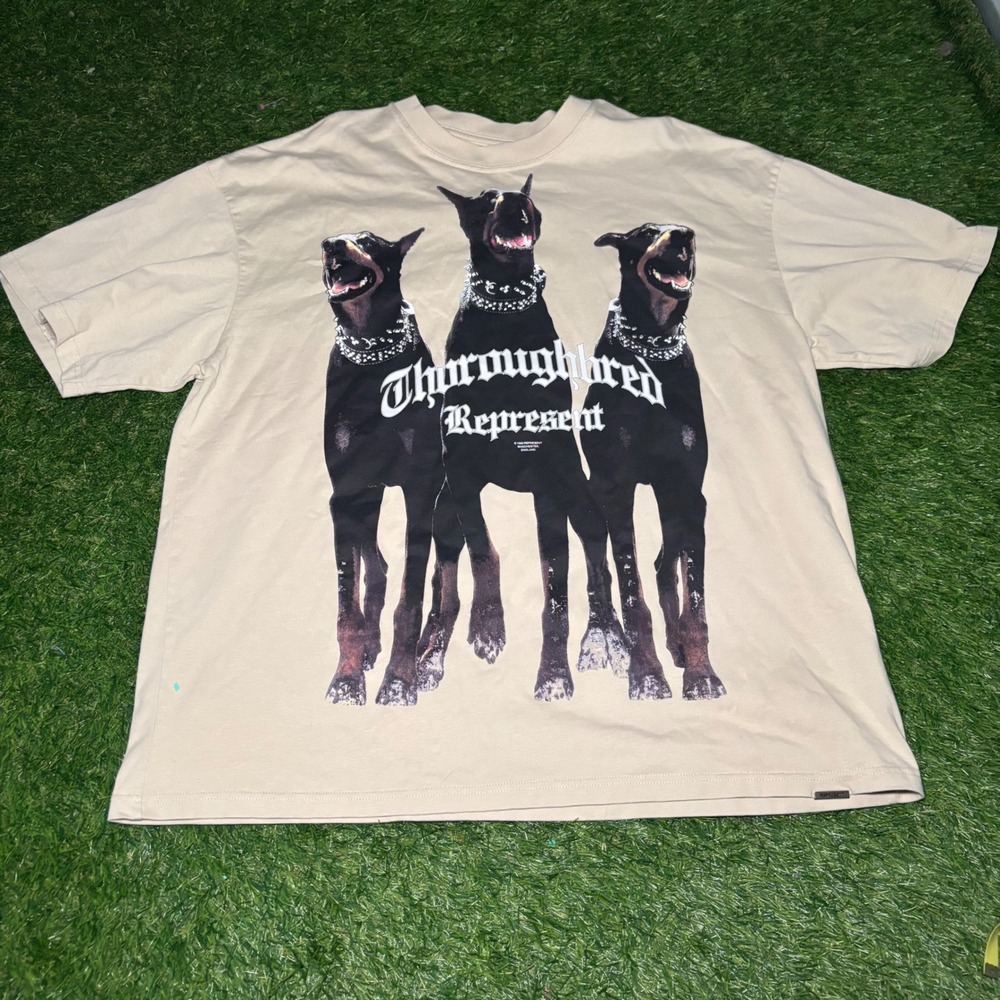 Represent Thoroughbred Doberman Graphic T-Shirt Beige Mens XL Streetwear Heavy
